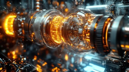Intricate machine  Complex gears rotate with orange light glow and blue sparks