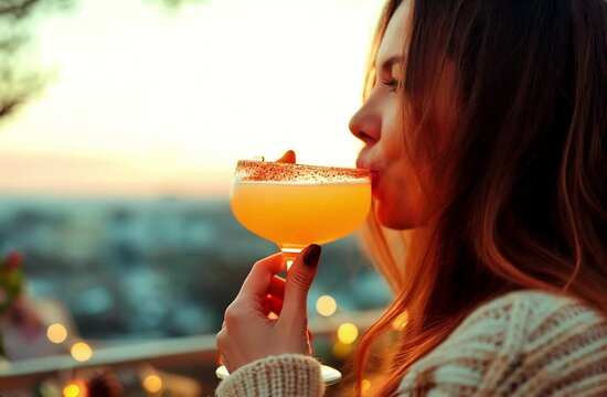 Attractive happy woman drinking a cocktail on a spring afternoon. Back view.