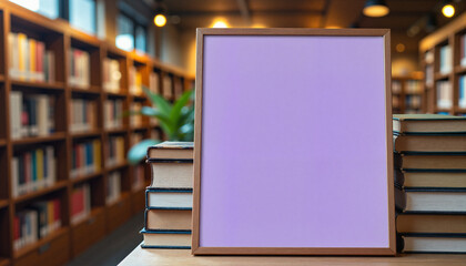 Lavender poster mockup beside stacked books in cozy library, creativity