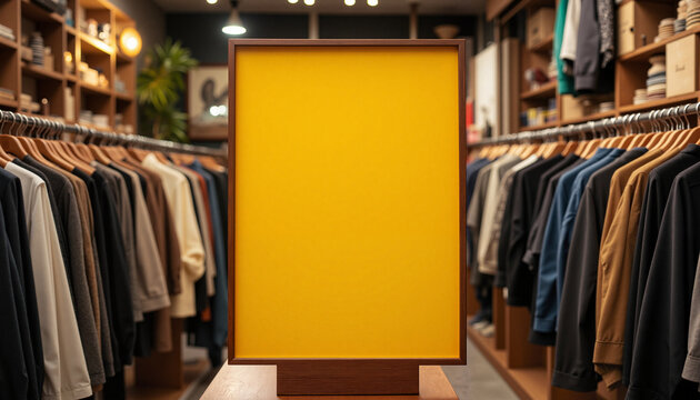 Street banner mockup PSD. Blank mustard poster in vintage boutique with tailored clothing racks, simplicity