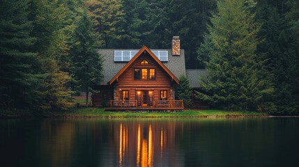 Obraz premium Lakeside cabin in forest, relaxation, nature, and vacation concept, real estate
