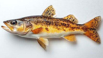 Obraz premium A tan haddock with brown speckles, and orange fins is shown on white