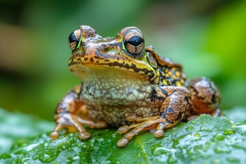 Fototapeta premium closeup of a vibrant multicolored frog resting on autumn leaves, Generative AI