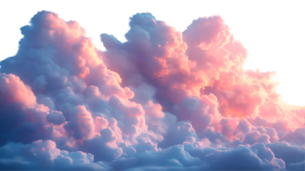 Dreamy Cloudscape Pink and Blue Sunset Sky, Soft Calm Aerial View for Nature Themes, isolated on transparent background.