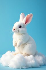 Fototapeta premium Fluffy white bunny sits on a fluffy white cloud against a bright blue sky , calm, peaceful, bunny