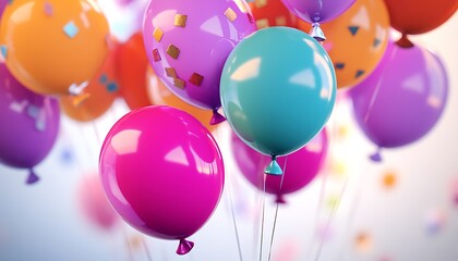 Vibrant birthday balloons and party decorations with bright hues on a clean background.
