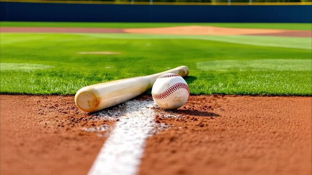 A baseball bat and a baseball are resting on a dirt baseball field, with green grass in the background.