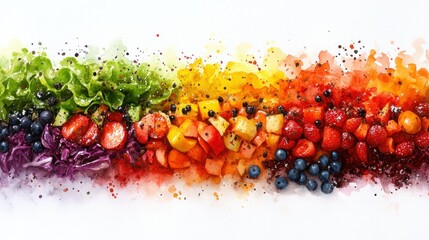 Colorful rainbow fruit and vegetable platter, vibrant display, abstract watercolor background