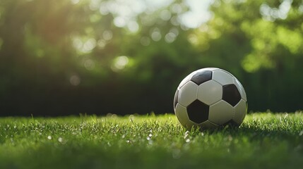 Fototapeta premium Soccer ball on grass lawn. Outdoor activity.