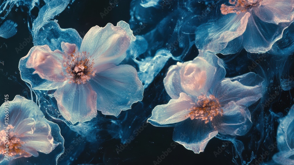 Poster ethereal blossoms floating in a surreal blue environment with soft textures and gentle illumination.