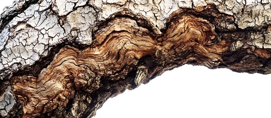 Weathered tree trunk with intricate bark patterns, set against a bright white background, captured in vivid detail.