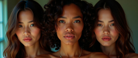 Obraz premium Three women with different hair types stand together, looking at the camera. One has curls, while two have straight locks. Their expressive faces are highlighted by soft lighting and warm tones.