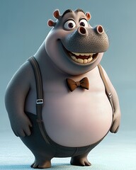 A cheerful cartoon hippo wearing a bow tie and suspenders, smiling against a light blue background.