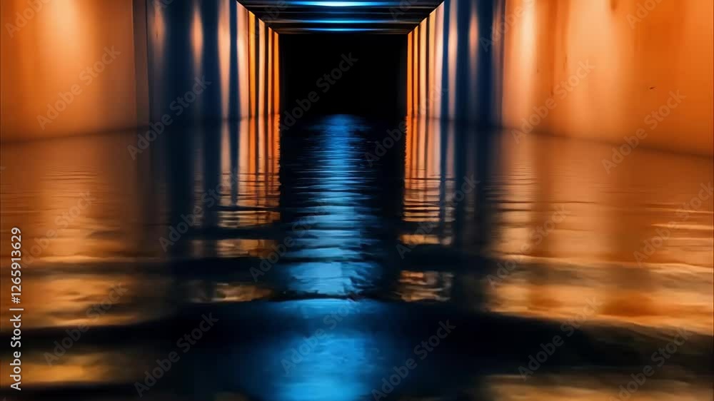 Poster a reflective tunnel with glowing lights in shades of orange and blue, creating a surreal and atmosph