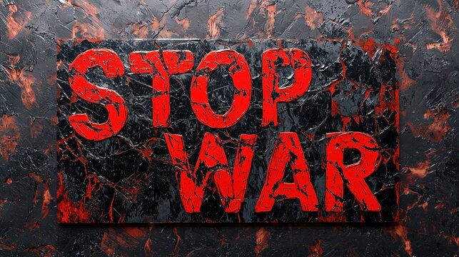 A bold red graffiti message saying Stop War on a textured black background.