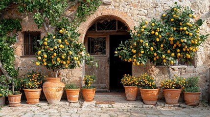 Fototapeta premium Lemon trees decorate a house in a Tuscan courtyard, in terracotta pots