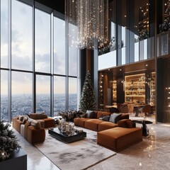 Elegant penthouse apartment interior with city views and christmas tree