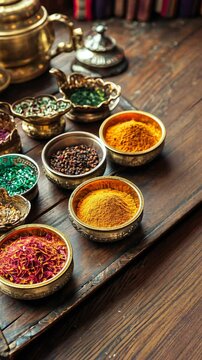 Beautiful assortment of colorful spices and herbs displayed in traditional bowls on wooden table