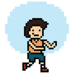 Cute pixel cartoon exercise run 8bit character man run running jog cardio lifestyle decoration life style 8 bit male boy jog marathon exercise png game 8 bit vector.