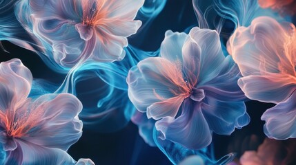 Vibrant translucent flowers with swirls of blue and pink light in an ethereal background. Generative AI