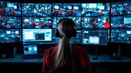 A female security guard in uniform with headphones stands at the control center of an electronic complex