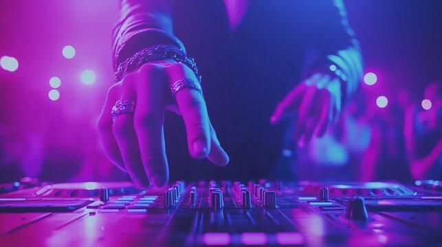 dj at the party on a vivid neon colored smoke background. Can be used to describe music technology, devices, music, music streaming, recording artists