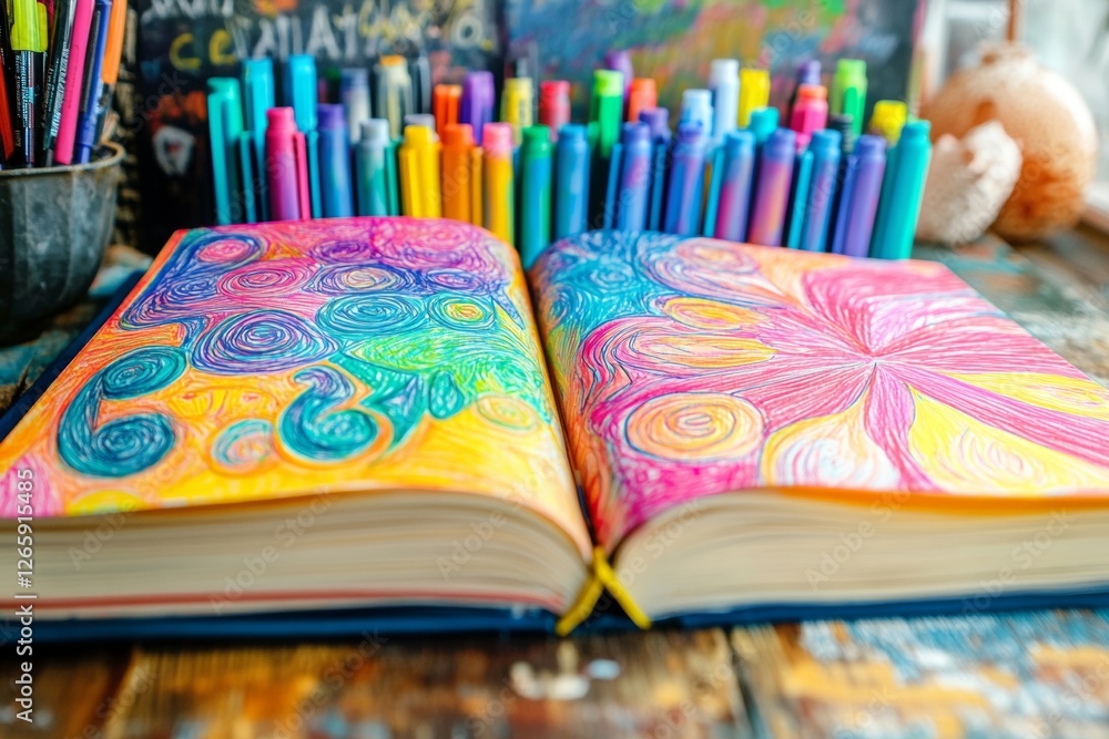 Poster an open sketchbook reveals intricate doodles made with fine-tip markers, displaying a vibrant explos