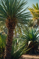 Lush greenery featuring palm trees and tropical plants under a bright sky.