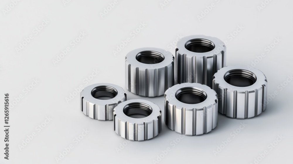 Aufkleber close-up view of metallic machine parts with threaded edges on a light background for industrial use