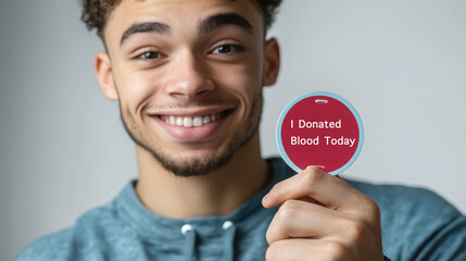 Young man in casual attire proudly holding "i donated blood today" badge promoting blood donation awareness