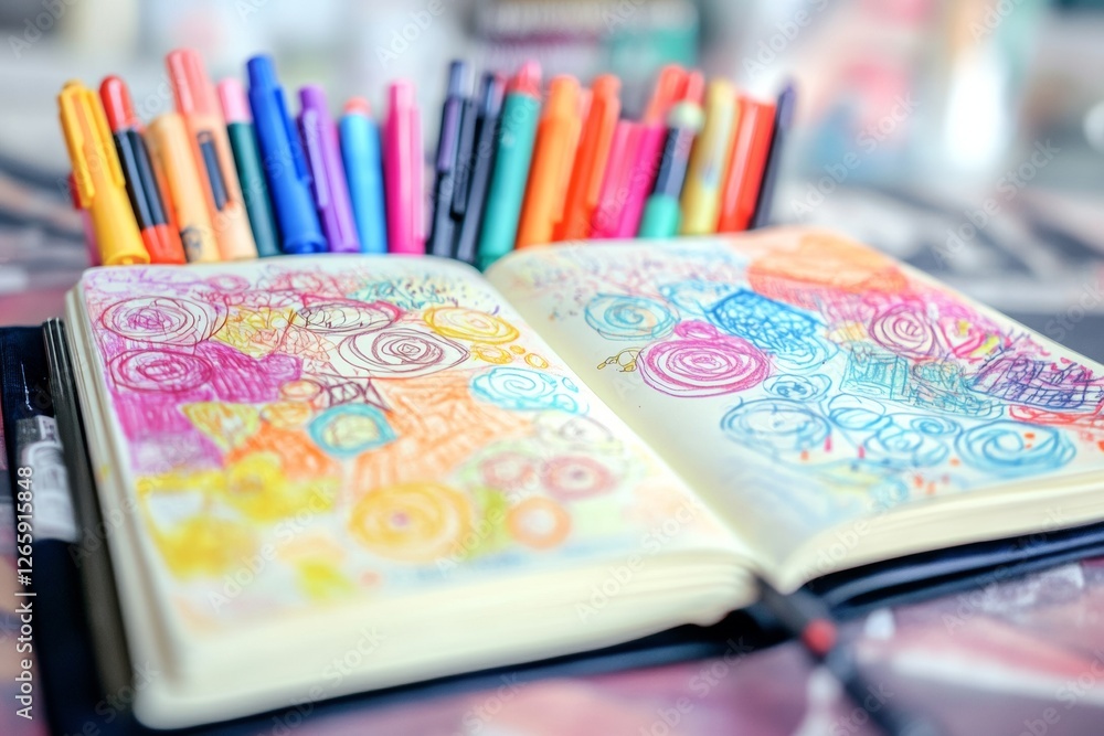 Poster an open sketchbook filled with artistic doodles features vibrant swirls and patterns created using c