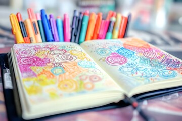 An open sketchbook filled with artistic doodles features vibrant swirls and patterns created using colorful fine-tip markers. The creative atmosphere invites inspiration and imagination
