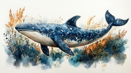 Watercolor painting of a blue whale