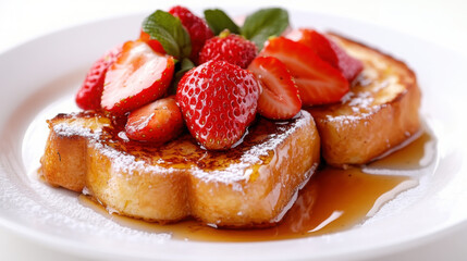Delicious french toasts with fresh strawberries and maple syrup for breakfast delight