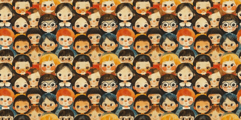 Diverse group of cute illustrated children with big eyes and colorful hairstyles