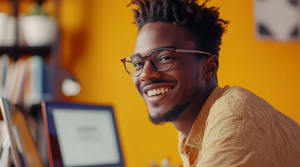 Young man engaged in virtual meeting with vibrant background