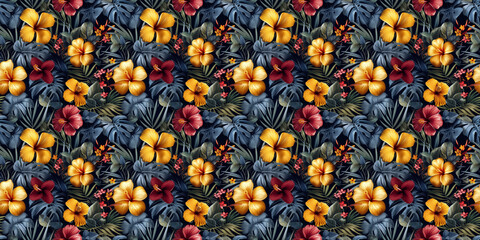 Fototapeta premium Vibrant tropical flowers and lush leaves on dark background
