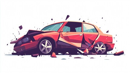 Vector Illustration of a Crashed Car with Fragments