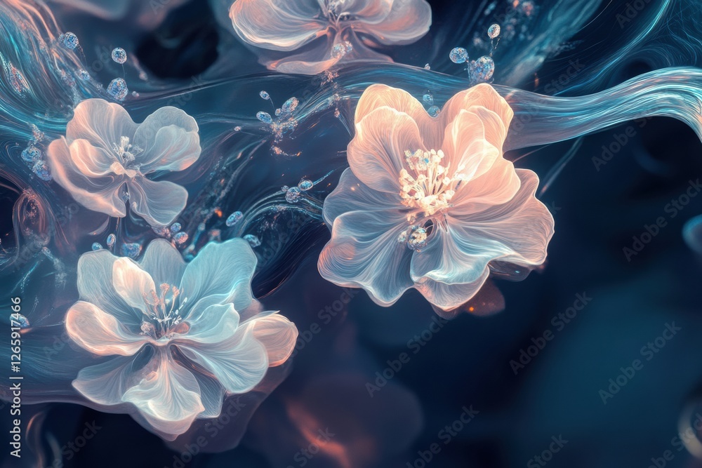 Poster delicate flowers with soft colors floating in gentle currents of water during a serene moment in nat