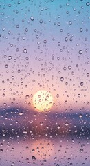 Raindrops on window at sunset overlooking ocean horizon with pastel sky