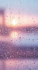 Obraz premium Raindrops on window with pastel sunset in the background creating a serene atmosphere