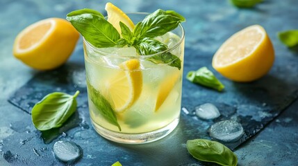 Fototapeta premium Cold summer lemonade with basil and lemon in a glass on a light blue slate, stone or concrete background. Top view with copy space.