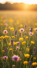 Sunlit wildflower meadow with lavender and buttercups at golden hour