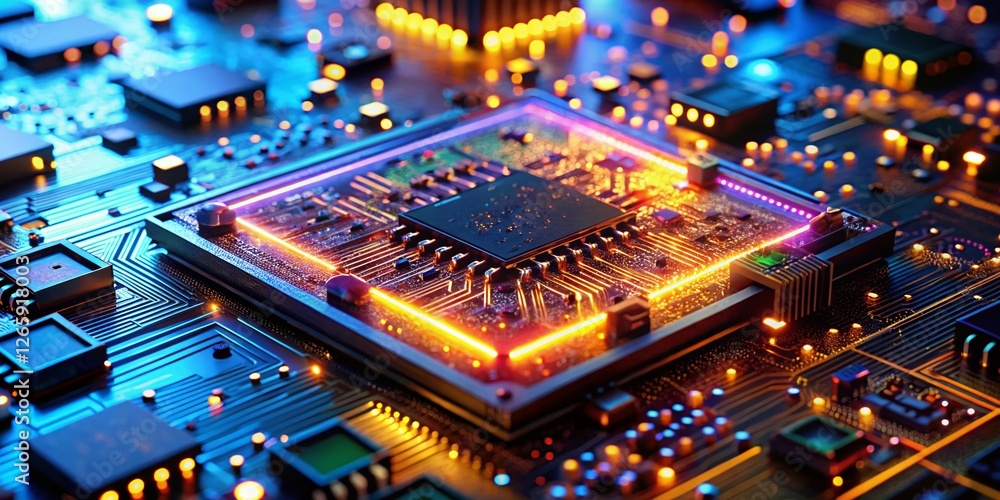 Poster macro shot: glowing high-tech gpu circuit board details