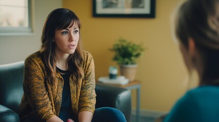 Compassionate therapist actively listening to client in a warm, inviting therapy session setting