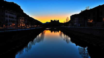 Italian town canal at sunset reflection