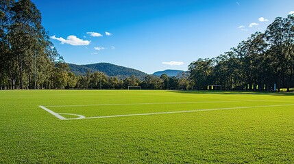 Obraz premium Lush Green Soccer Field Against Mountain Background