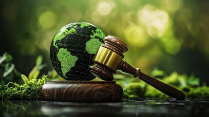 Green Globe Justice Gavel and Earth, Environmental Law Concept, Close-up Composition Environmental Law, Green Justice
