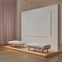Minimalist interior design in a modern space featuring two cushions and a blank wall for creativity in daylight. Generative AI
