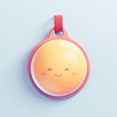 Obraz premium A cheerful, circular charm with a smiling face and a colorful outline, suspended by a small loop against a soft background.